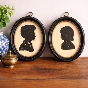 Vintage Silhouette Portrait Pair - Oval Black Frames - Grandmillenial Wall Decor